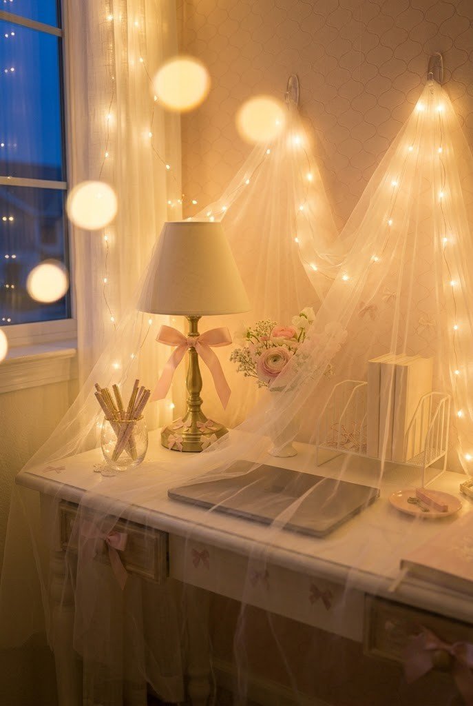 Tulle and fairy-light canopy over a small corner desk