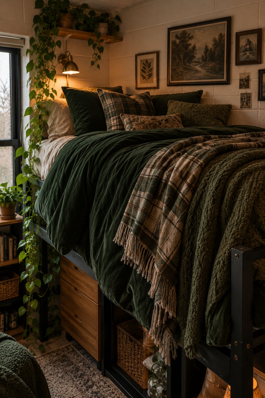 Dark green velvet duvet and layered flannel throws on a made twin XL bed