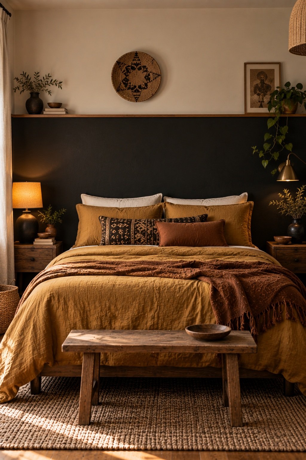 Bedroom wall painted black to a wooden picture rail with warm cream above and ochre bedding