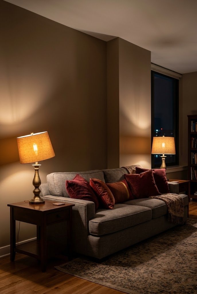Two matching table lamps with warm bulbs glowing on either side of a sofa with burgundy pillows lit warmly in the evening