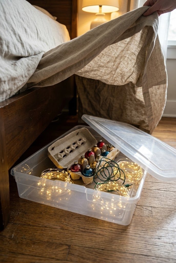 Flat under-bed storage bin holding coiled Christmas lights and ornaments