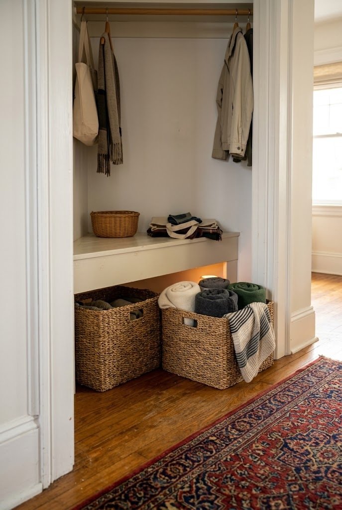 Seagrass baskets with rolled blankets stored under a closet reading nook bench