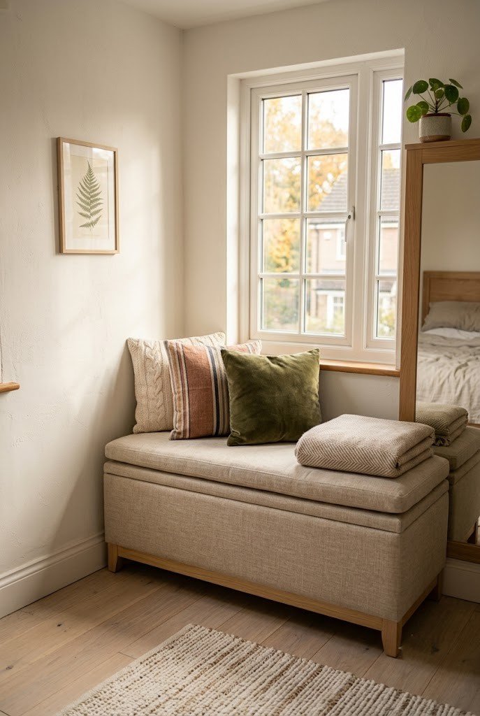 Cushioned storage bench under a window forming a cozy seat in a bedroom corner