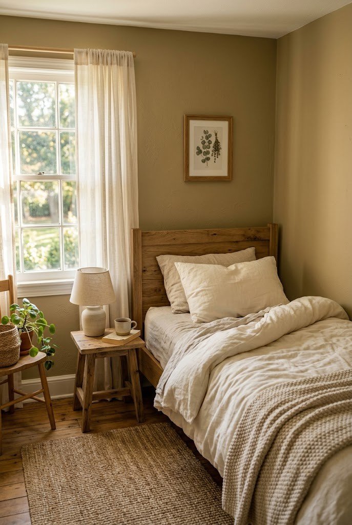 Small bedroom in warm khaki-tan with wood accents and cream bedding