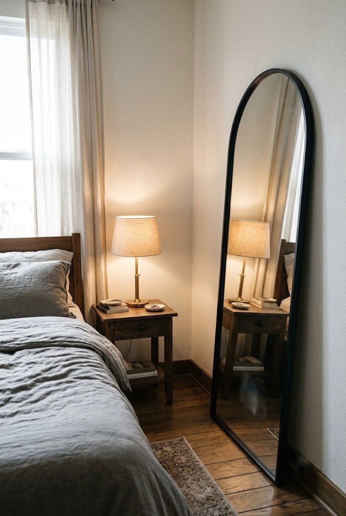 Tall arched black mirror leaning opposite a lit bedside lamp
