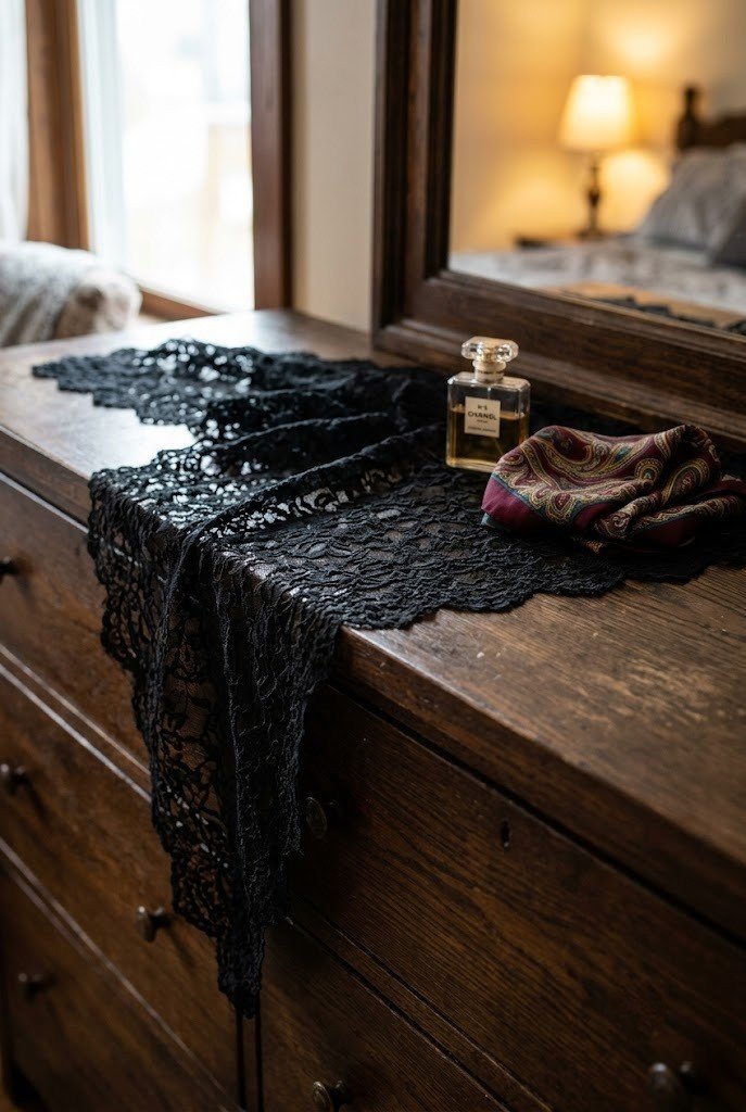 Black lace runner draped over a dark wood dresser