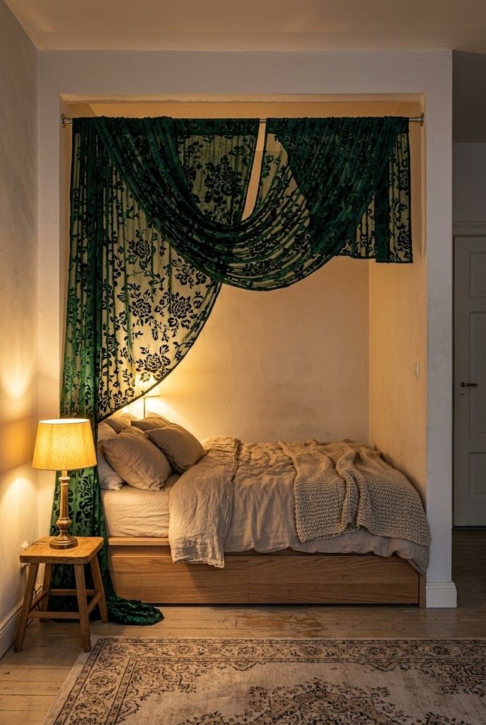 Burnout velvet panel draped as a canopy over a small bed