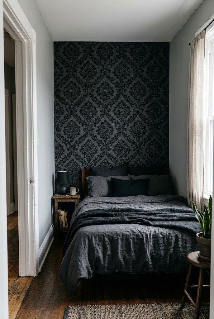 Black damask peel-and-stick wallpaper on a small alcove wall behind a bed