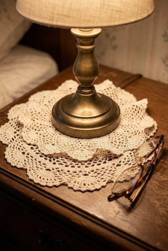 Layered ecru doilies under a small brass lamp base