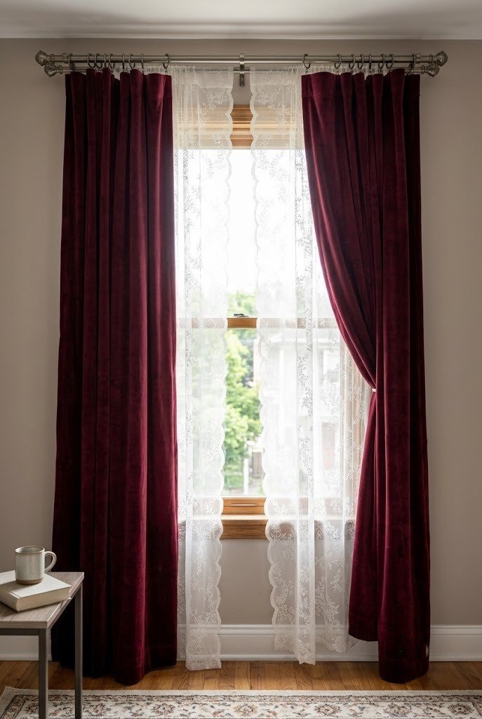Lace sheer layered behind heavy burgundy velvet curtains on a double rod