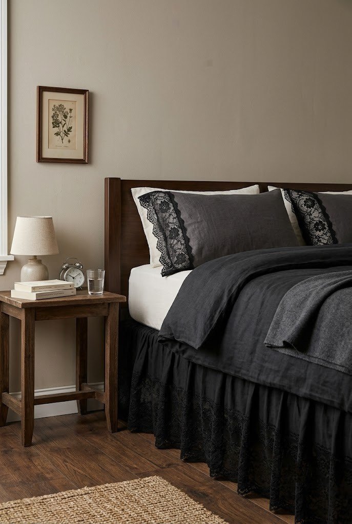 Black lace trimmed pillowcases and lace bed skirt on a dark bed