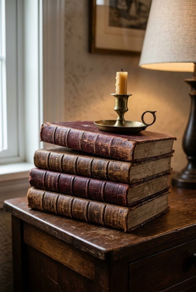 Stack of vintage oxblood and brown leather bound books on a nightstand