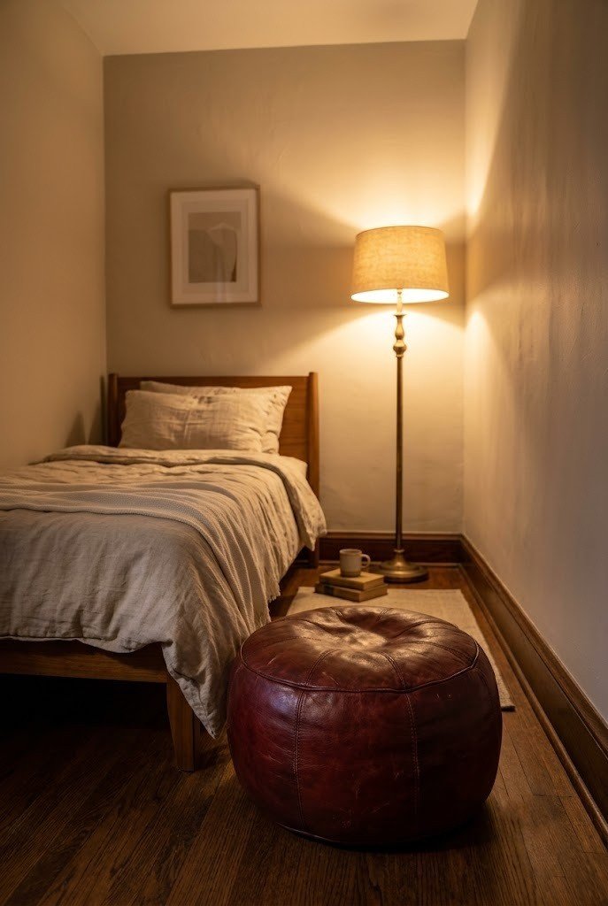 Round oxblood leather pouf at the foot of a small bed