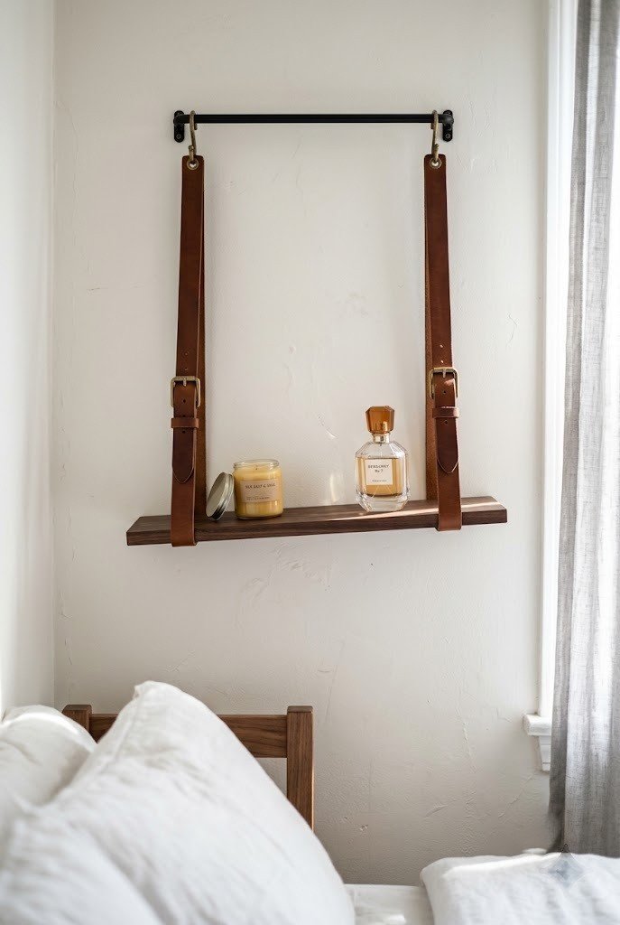 Dark wood shelf hung from brown leather straps above a bed