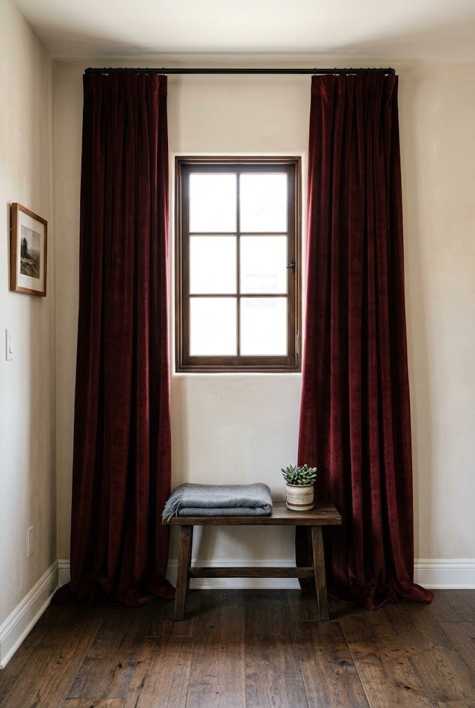 Oxblood velvet blackout curtains hung close to the ceiling in a small bedroom