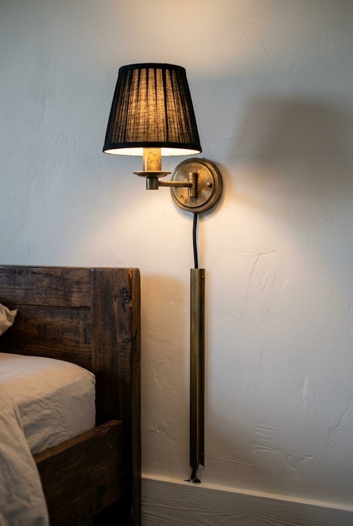 Antique brass plug-in wall sconce with a black shade beside a bed