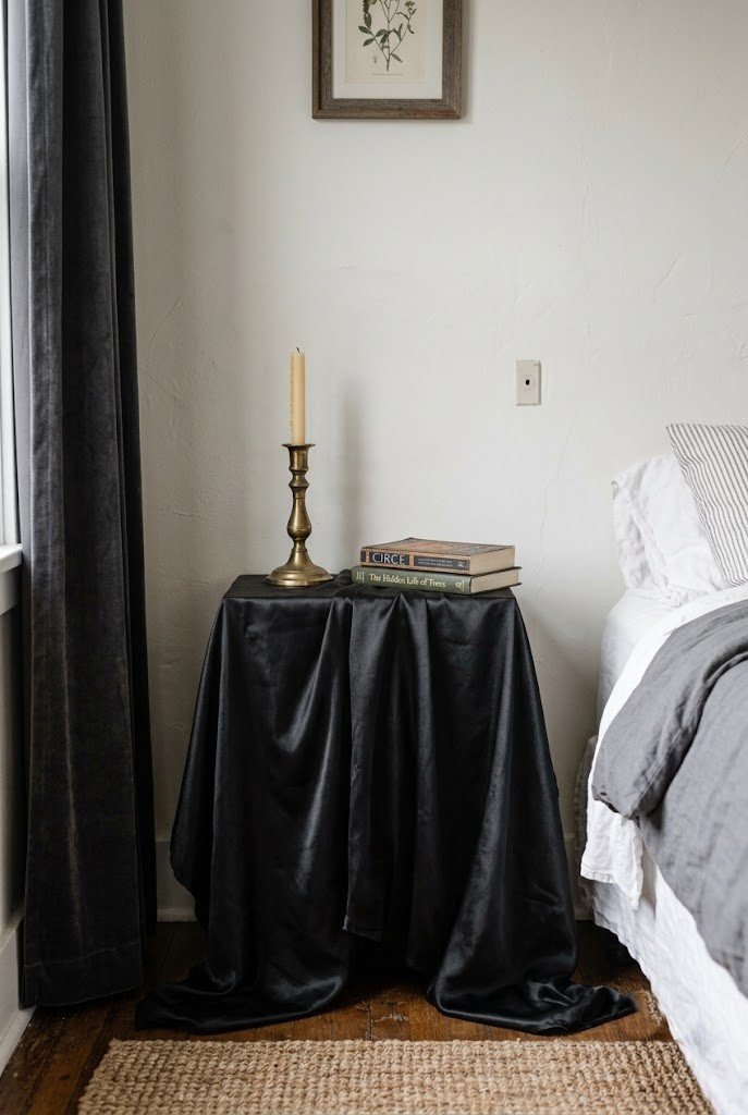 Black satin cloth draped over a small nightstand with a brass candlestick