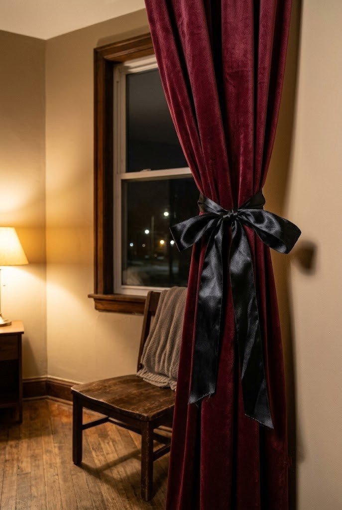 Black satin ribbon bow used as a tieback on a burgundy velvet curtain