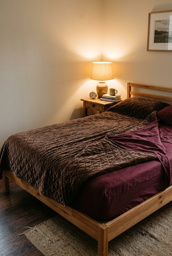 Espresso quilted velvet coverlet folded back over wine colored sheets