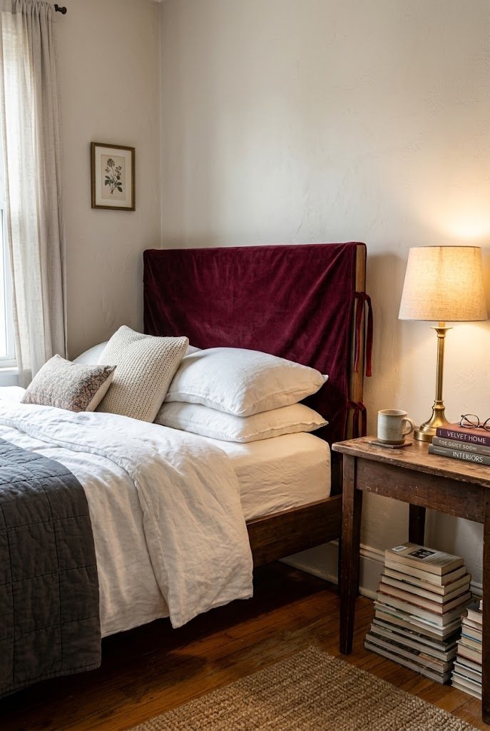 Burgundy velvet slipcover pulled over a plain wooden headboard