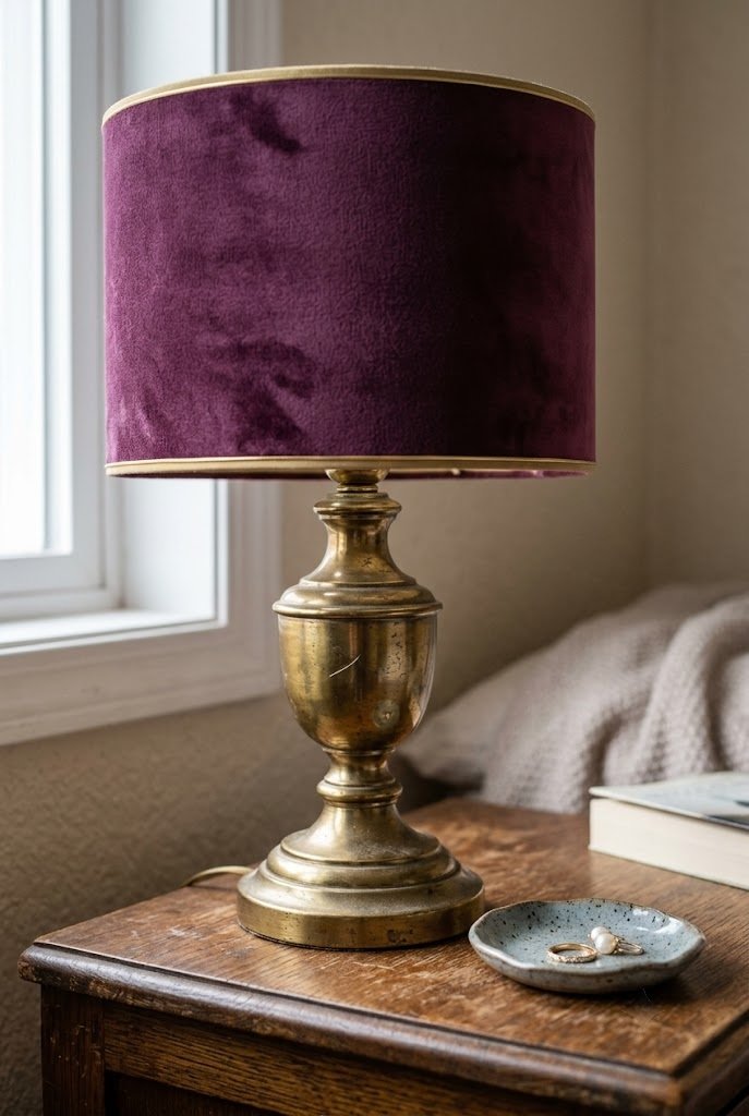 Plum velvet drum lampshade swapped onto a brass table lamp base