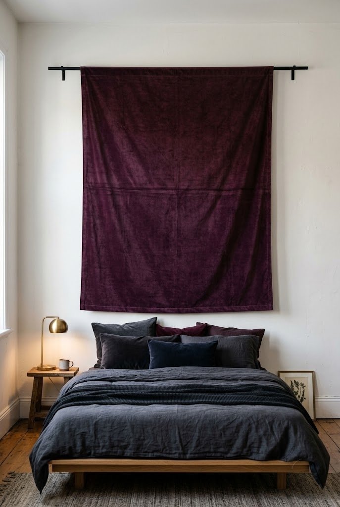 Deep plum velvet wall hanging on a slim black rod above a bed