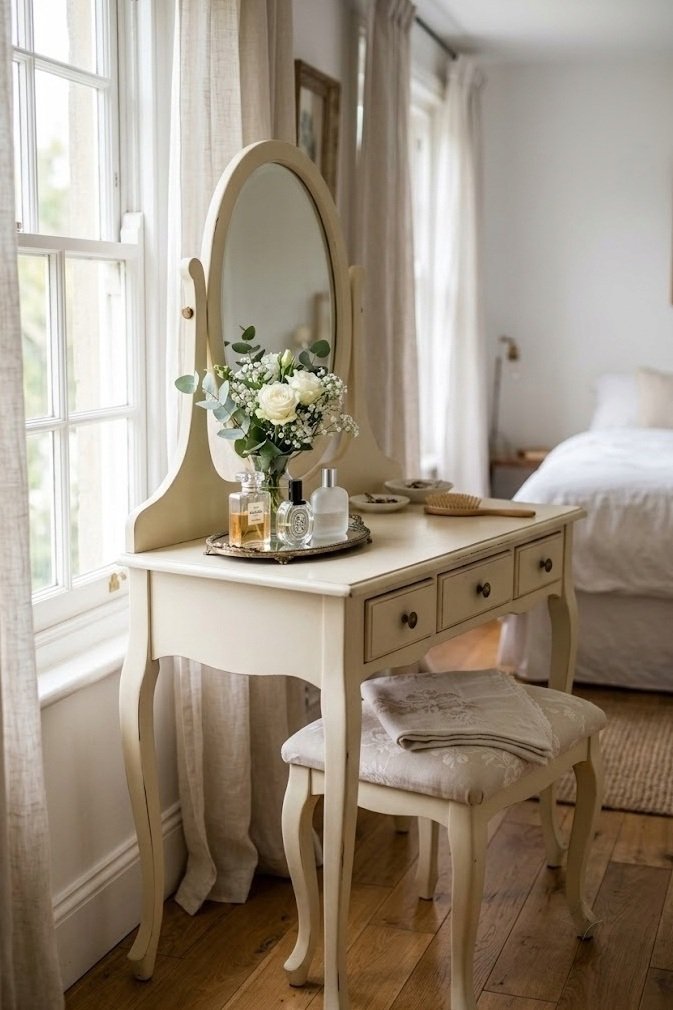 Cream vintage vanity corner with mirrored tray and flowers by a window