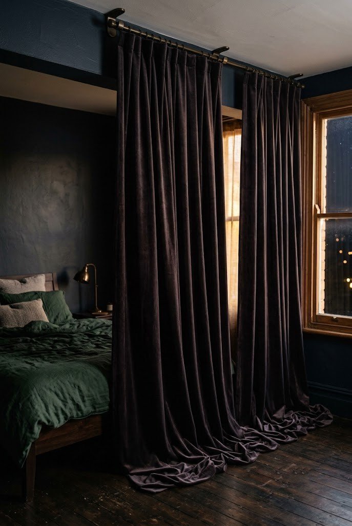 Heavy dark velvet curtains hung high and pooling on the floor in a dark academia bedroom