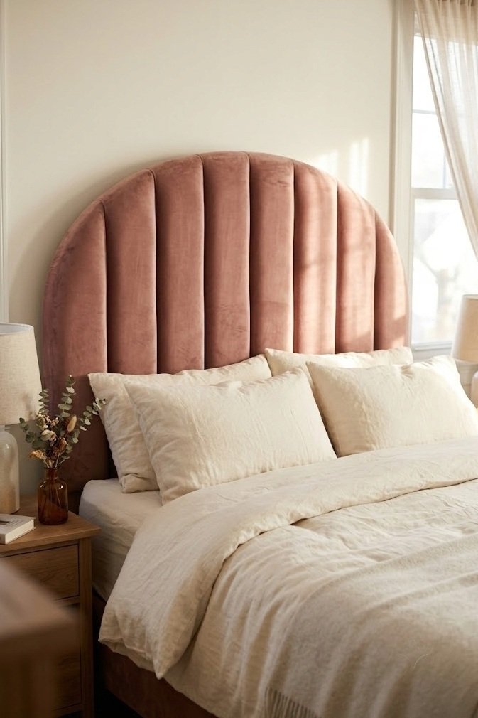 Arched tufted dusty rose velvet headboard with cream bedding