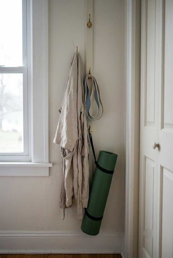 Vertical wall hooks holding a robe, strap, and rolled mat on a narrow wall