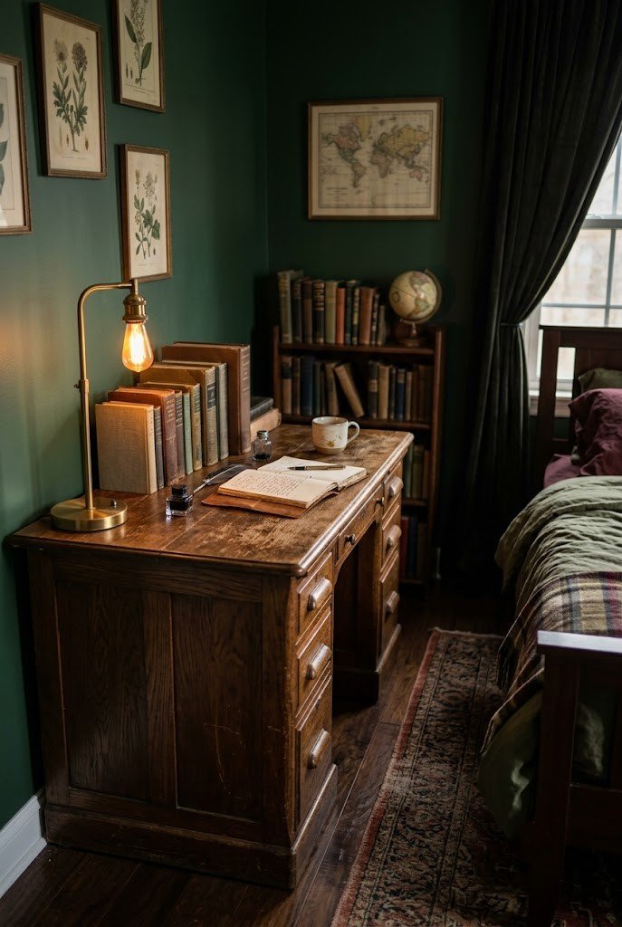 One substantial thrifted vintage dark-wood desk anchoring a dark academia bedroom