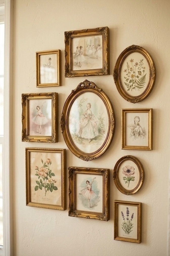 Cluster of thrifted gold frames with vintage-style prints on a cream wall