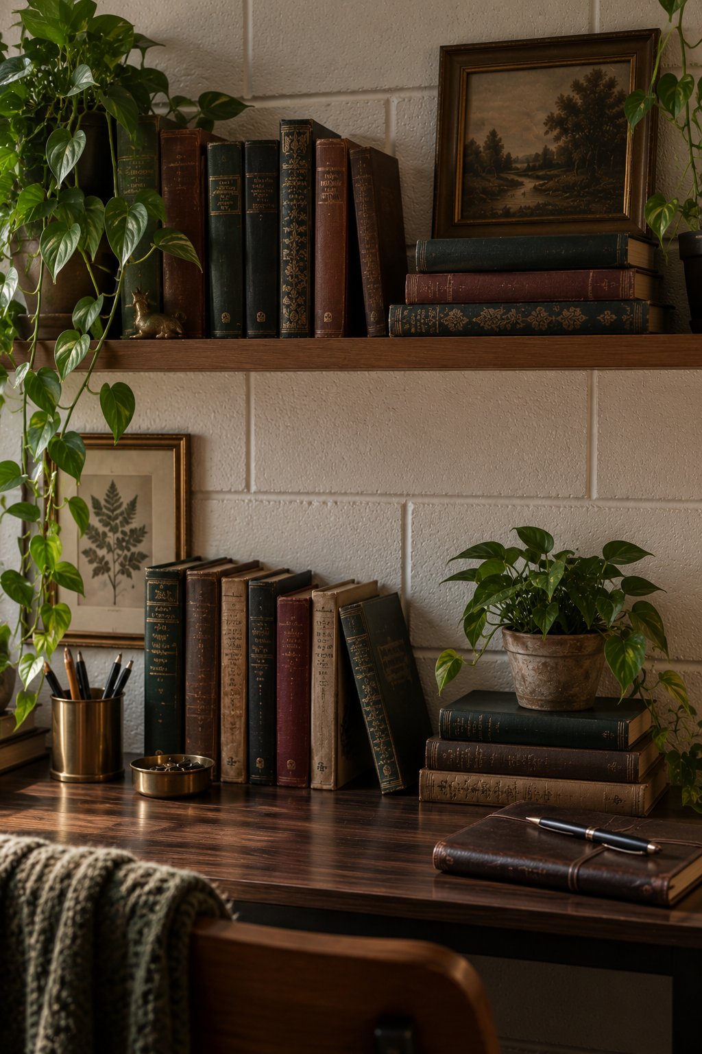Small shelf and desk edge stacked with dark-spined vintage hardbacks