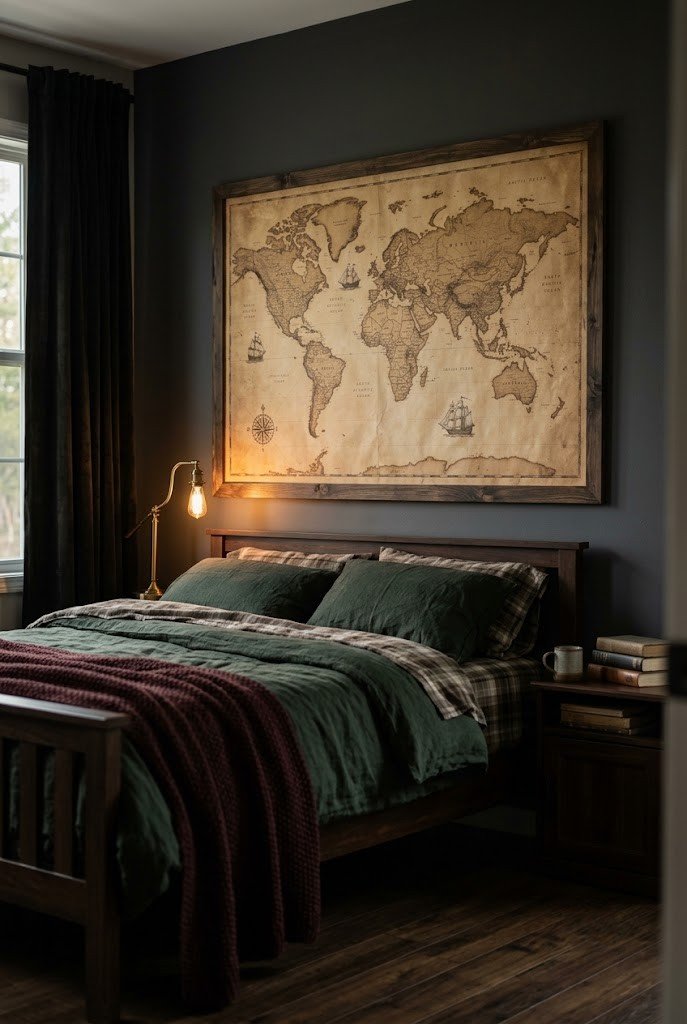 Oversized vintage world map above a bed in a dark academia bedroom