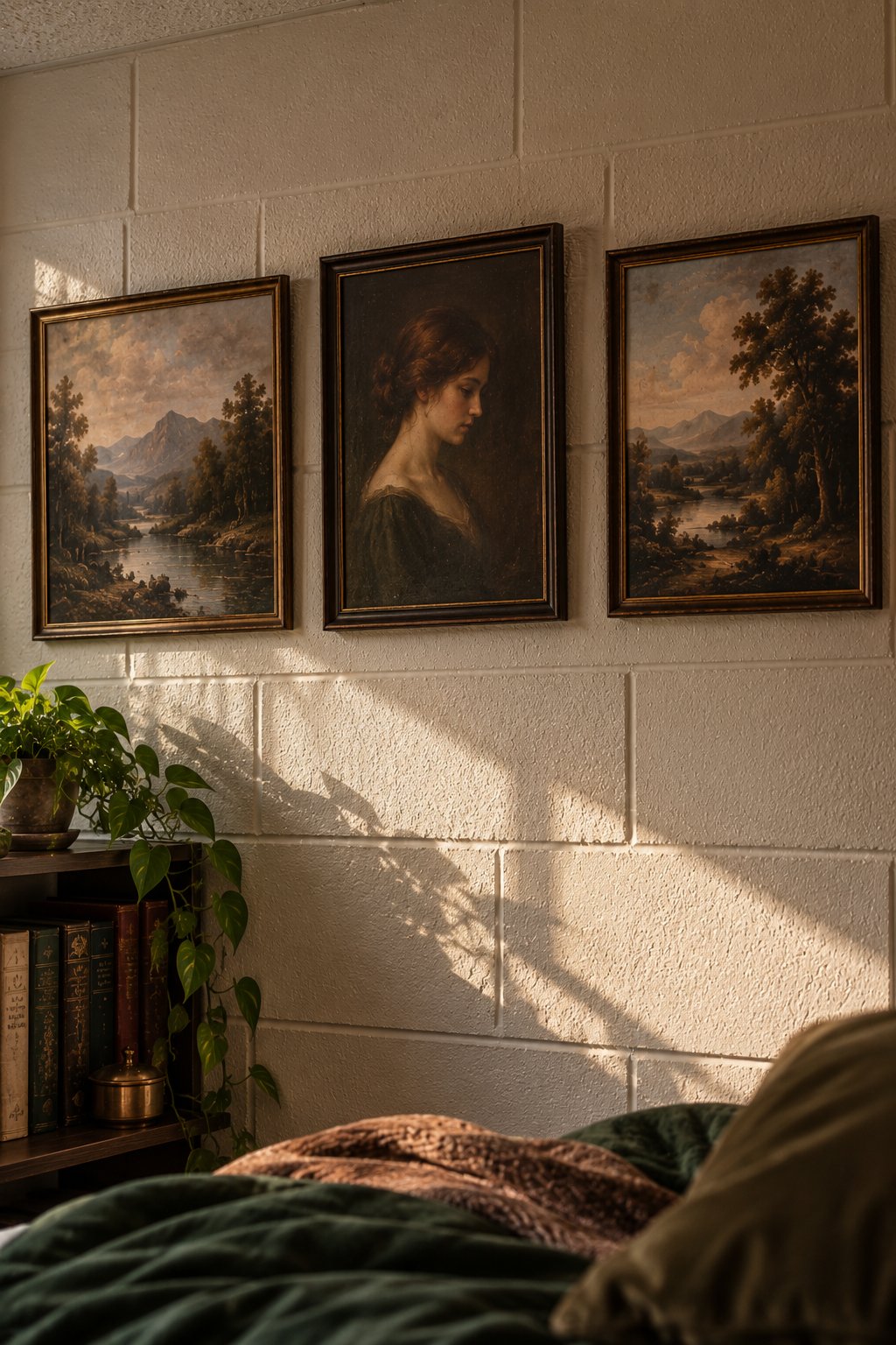 Three framed vintage oil-painting prints in thin dark frames on a wall