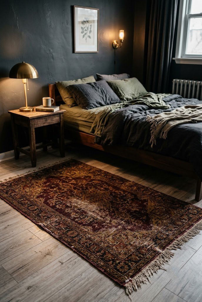 Vintage-style burgundy rug covering laminate floor in a moody apartment bedroom