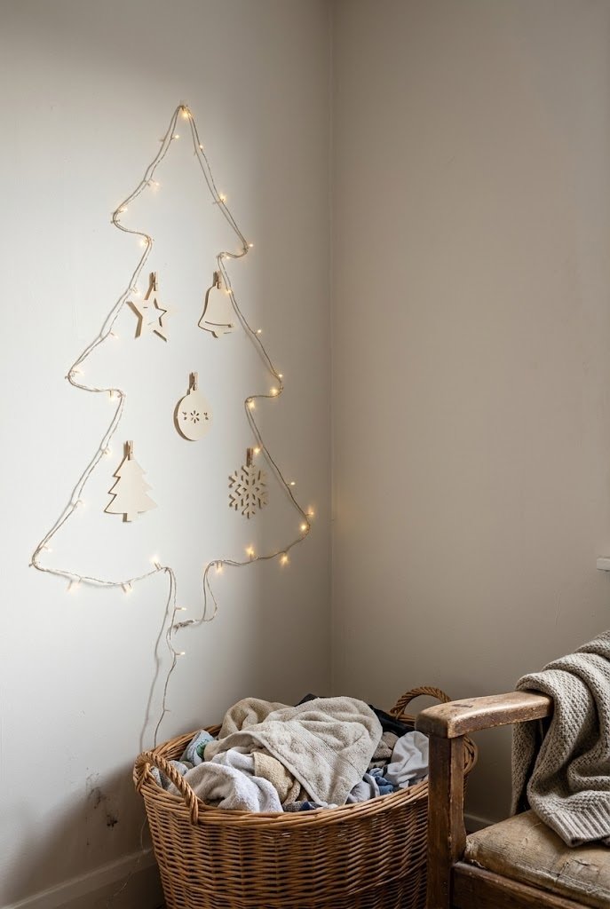 Christmas tree shape outlined in warm white lights on a small bedroom wall