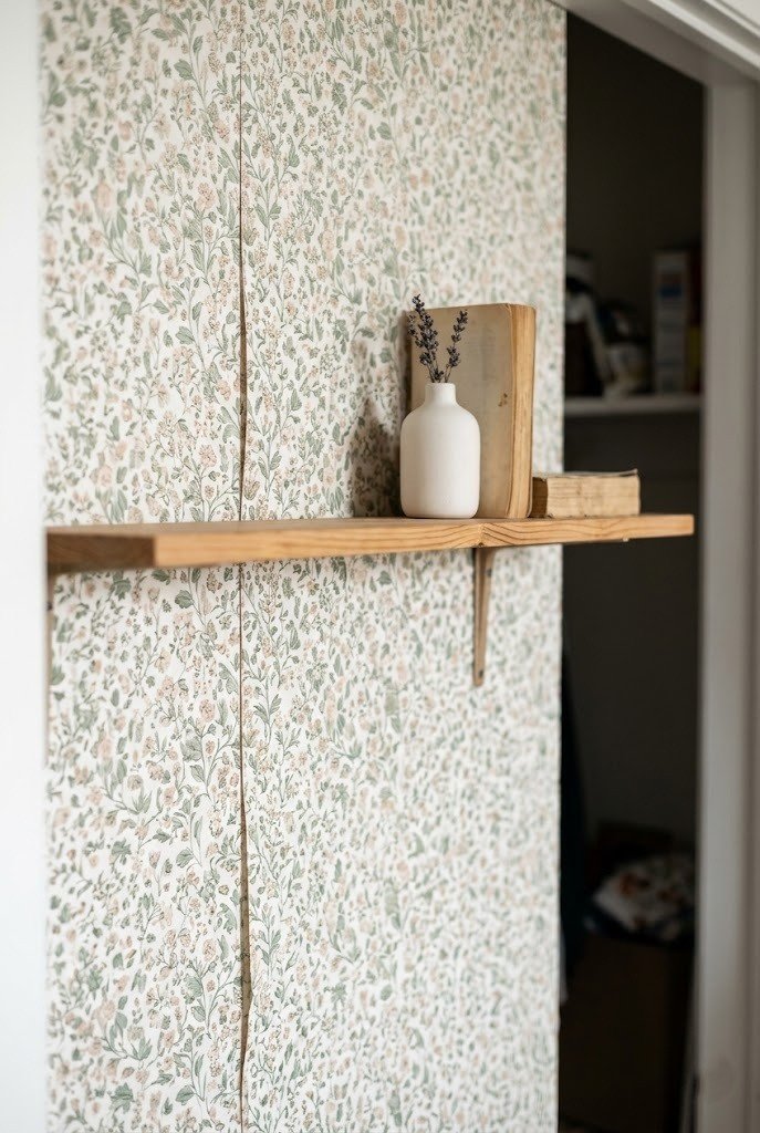 Floral peel-and-stick wallpaper on the back wall of a closet reading nook with a wooden shelf