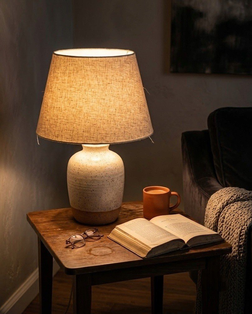 Table lamp with a linen shade casting warm amber light in a dim living room corner