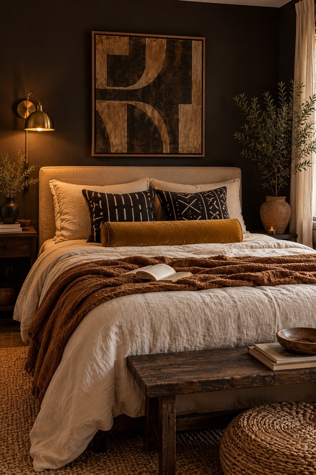 Warm black bedroom wall with an ochre velvet bolster and bogolan print cushions on cream linen bedding