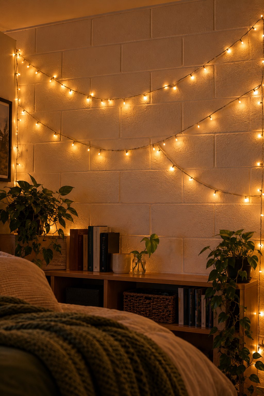 Warm-white fairy lights draped in loose swags across a white cinderblock wall