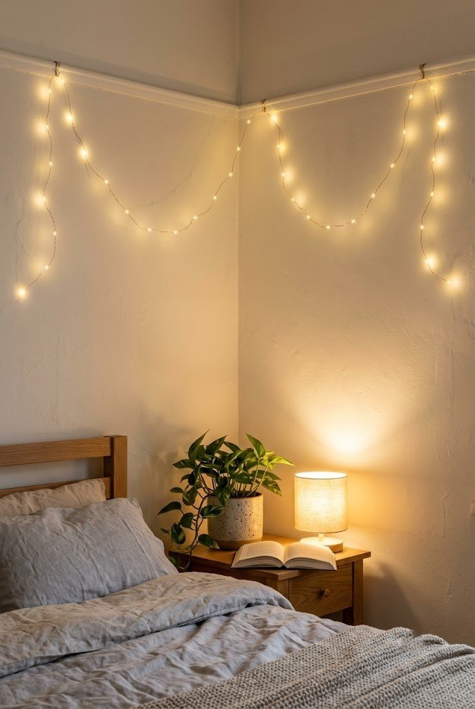 Warm fairy string lights draped along a bedroom corner