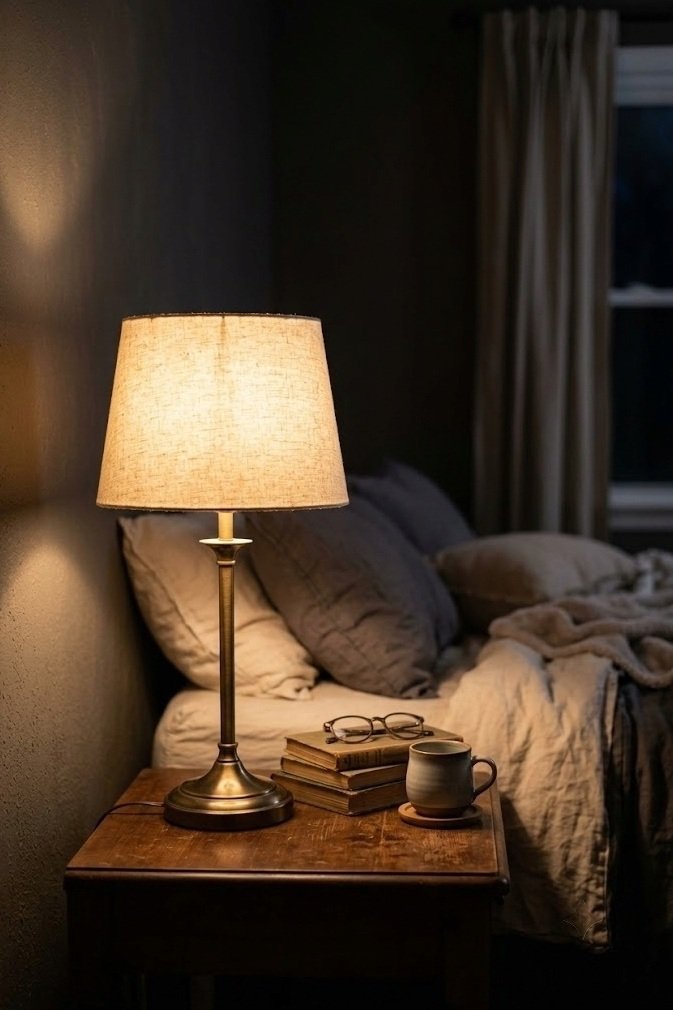 Bedside lamp with fabric shade casting warm low light