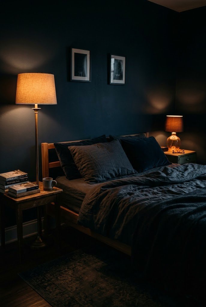 Small bedroom lit by warm lamps instead of the overhead light for a moody glow
