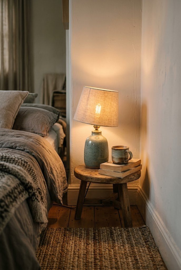 Small warm lamp on a low round stool in a bedroom corner