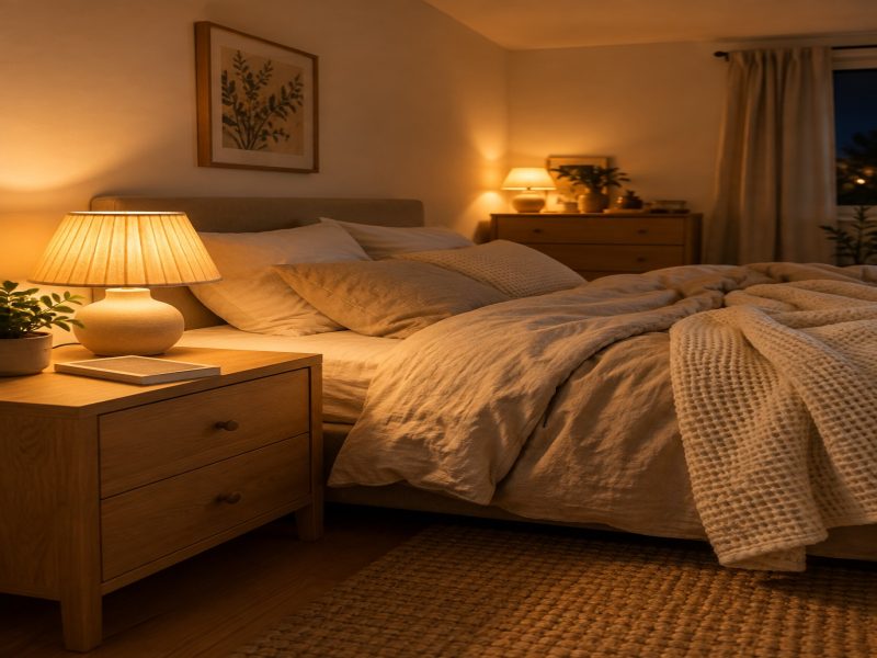 Small bedroom at night lit by a ceramic lamp with a pleated linen shade and a second lamp on the dresser
