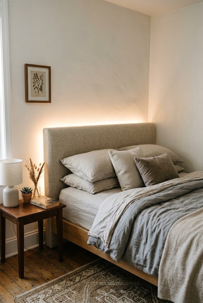 Warm white LED strip hidden behind an upholstered headboard glowing up a small bedroom wall