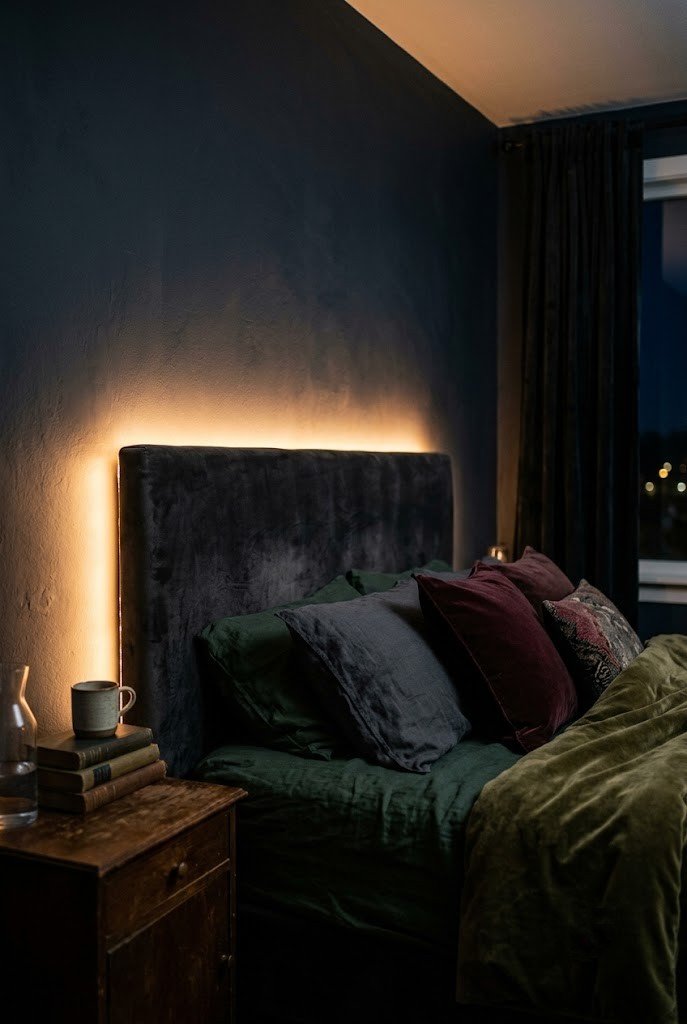 Warm-white LED strip glowing behind a dark headboard in a dark academia bedroom