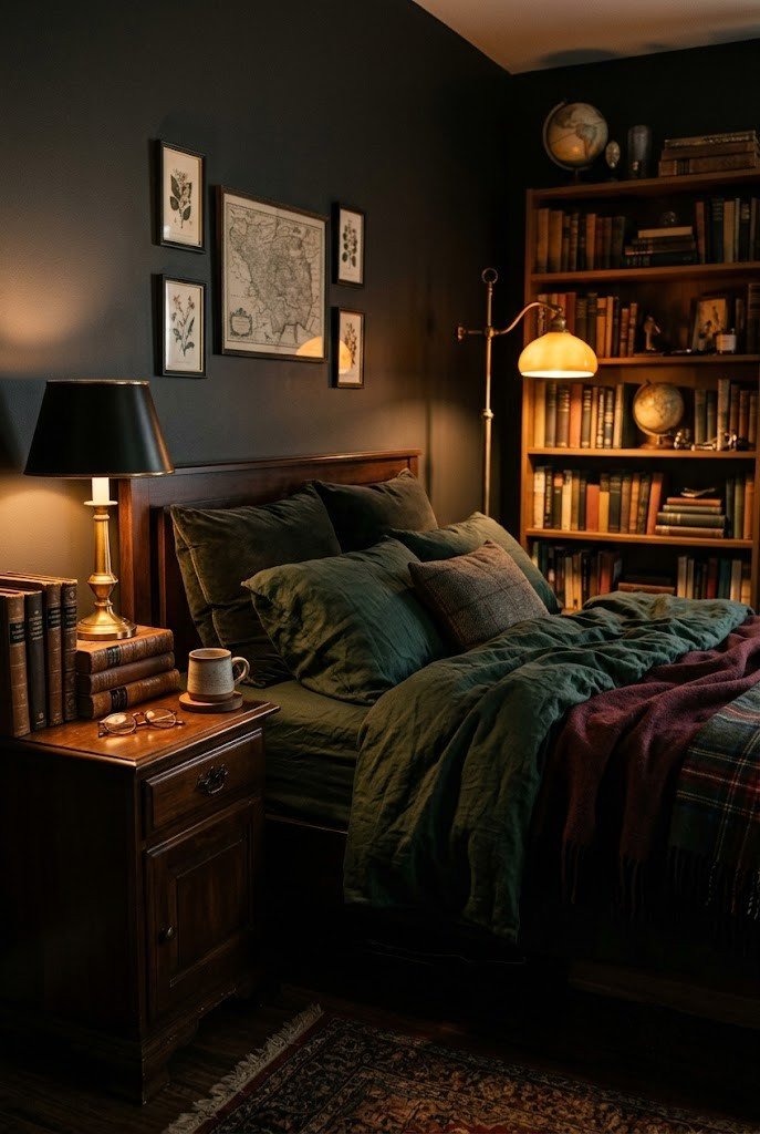 Dark academia bedroom lit by warm 2700K lamps with the overhead light off