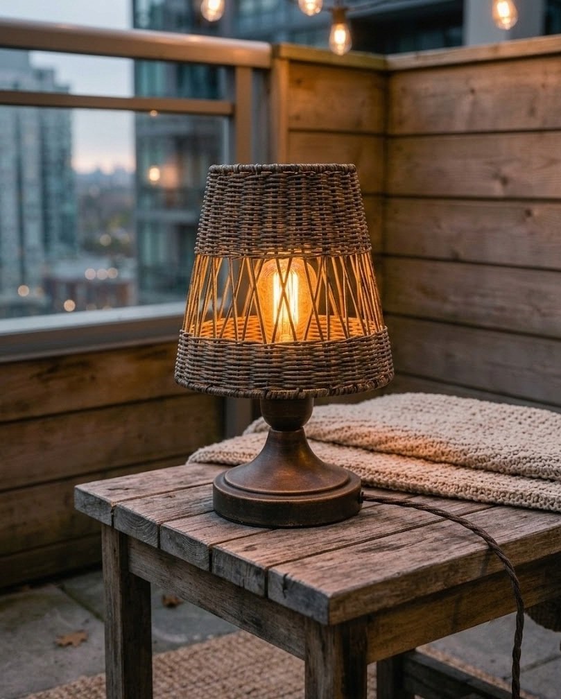 Small outdoor table lamp with a warm amber bulb and woven shade on a balcony